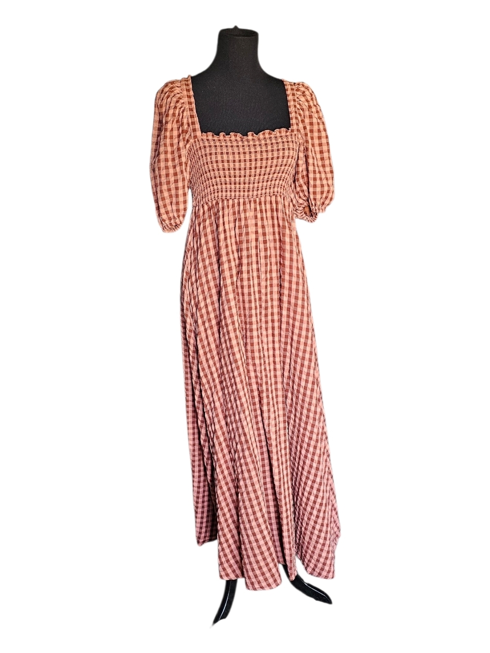 ASOS Gingham Smocked Midi Dress Cottagecore Puff Sleeve Open Back Size US 4